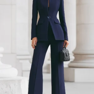 Sophisticated High-Collar Blazer & Wide-Leg Trousers Set